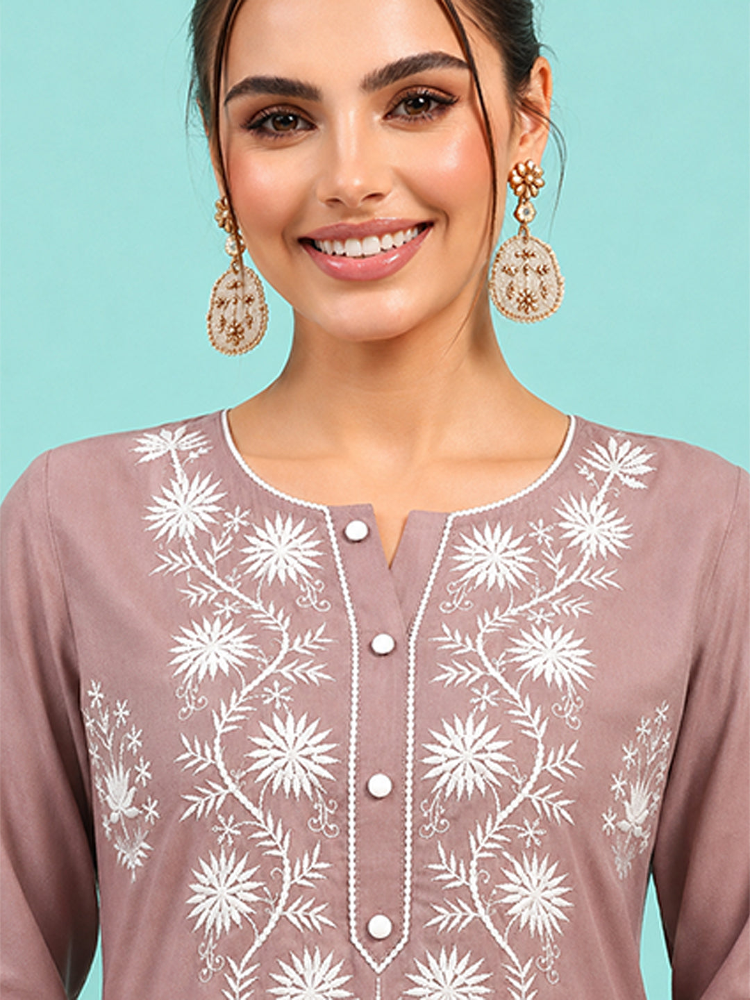 Janasya Women's Brown Silk Blend Embroidered Straight Kurta Set