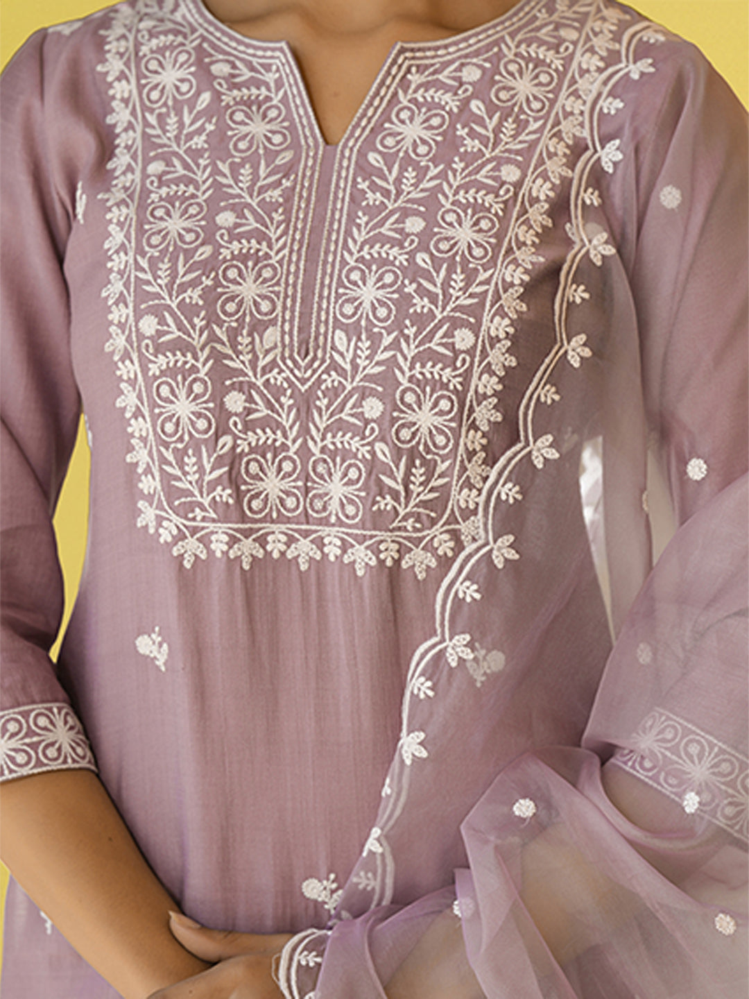Lavender Silk Blend Embroidered Straight Kurta Set