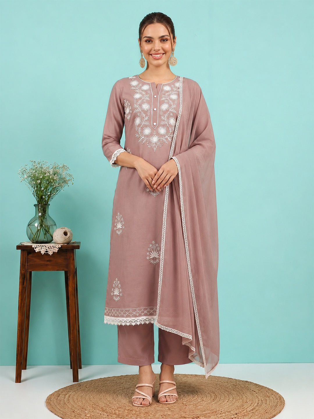 Janasya Women's Brown Silk Blend Embroidered Straight Kurta Set
