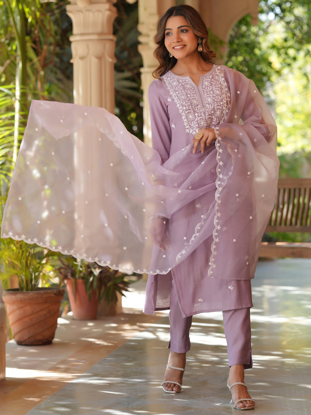 Lavender Silk Blend Embroidered Straight Kurta Set