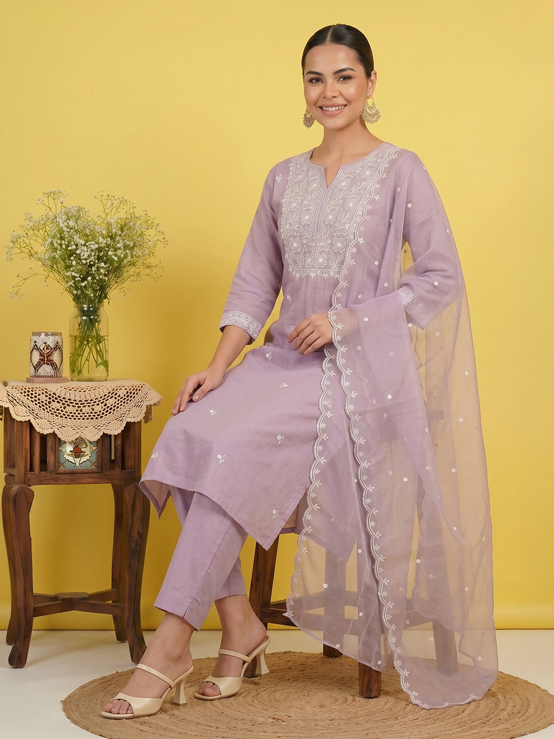 Lavender Silk Blend Embroidered Straight Kurta Set