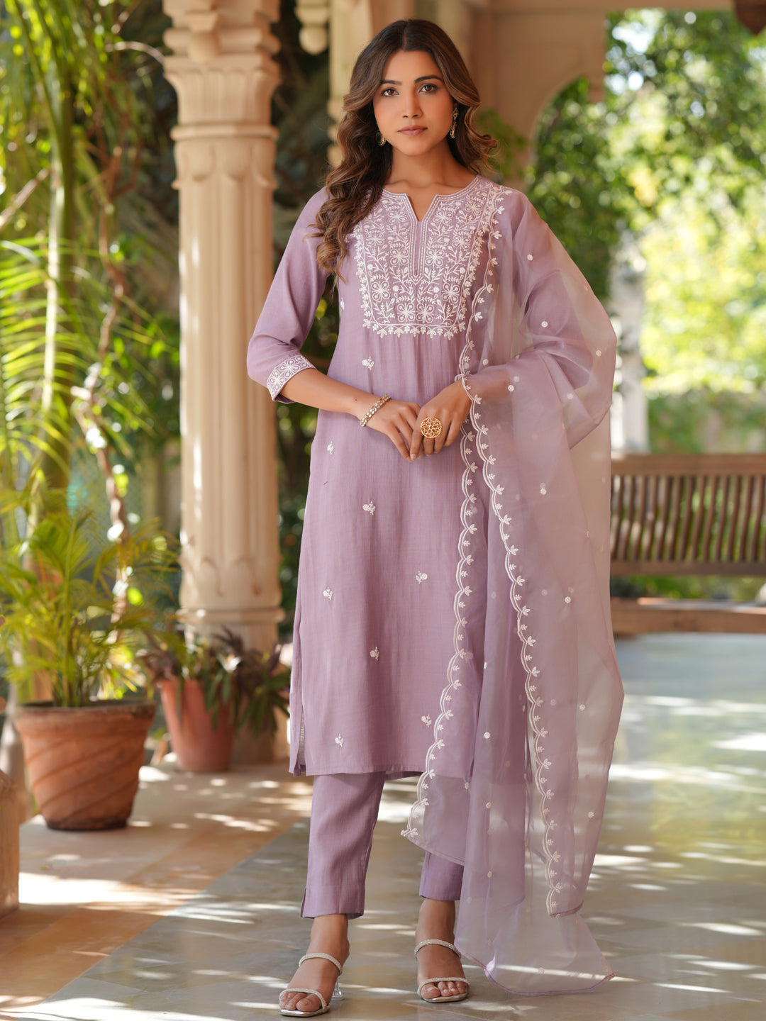 Lavender Silk Blend Embroidered Straight Kurta Set