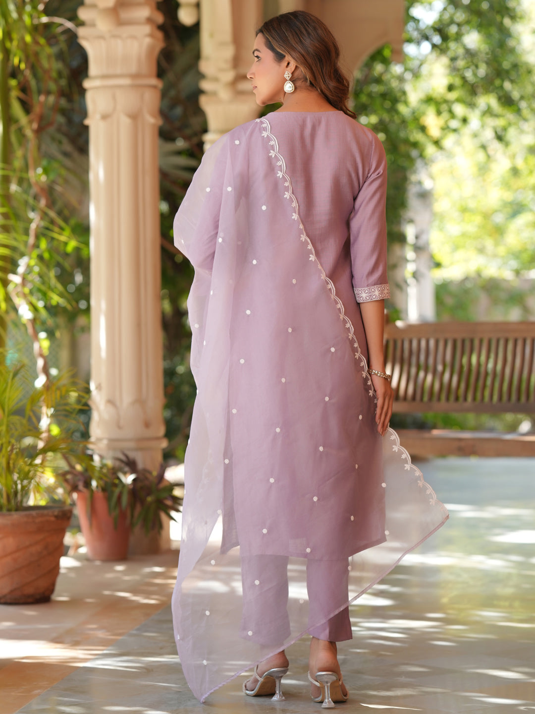 Lavender Silk Blend Embroidered Straight Kurta Set