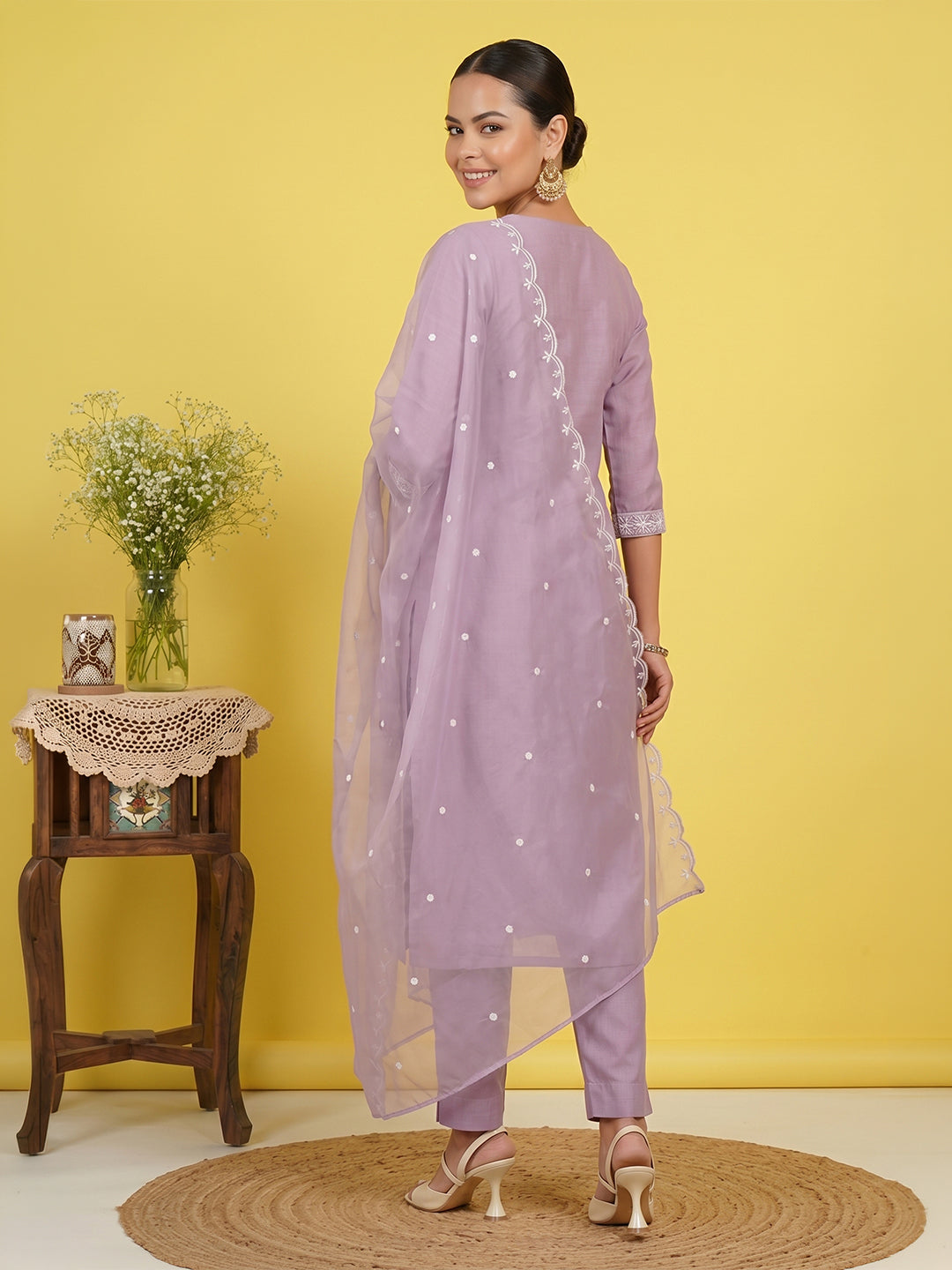 Lavender Silk Blend Embroidered Straight Kurta Set