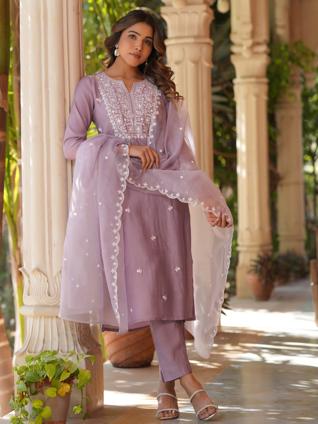 Lavender Silk Blend Embroidered Straight Kurta Set