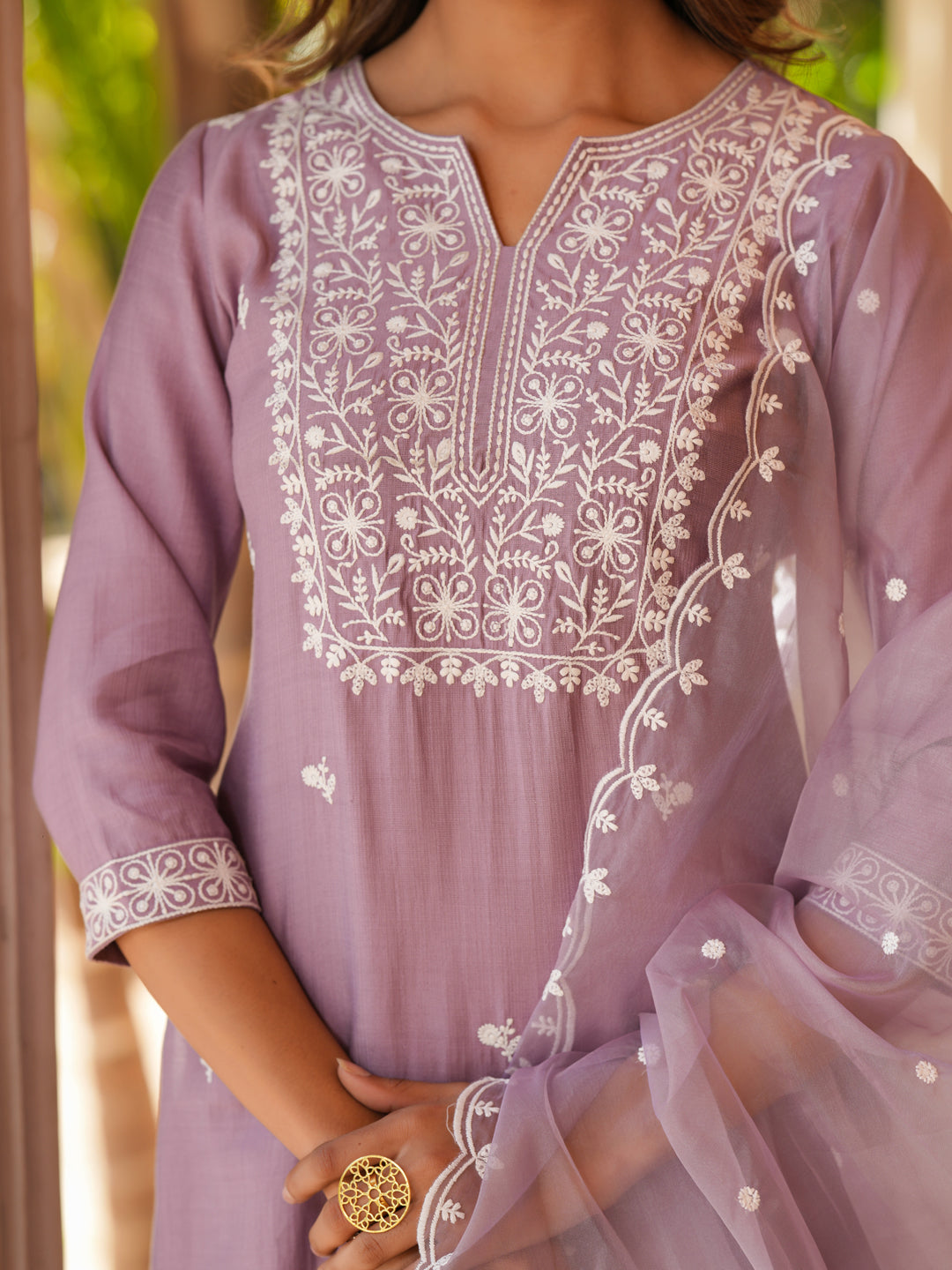 Lavender Silk Blend Embroidered Straight Kurta Set