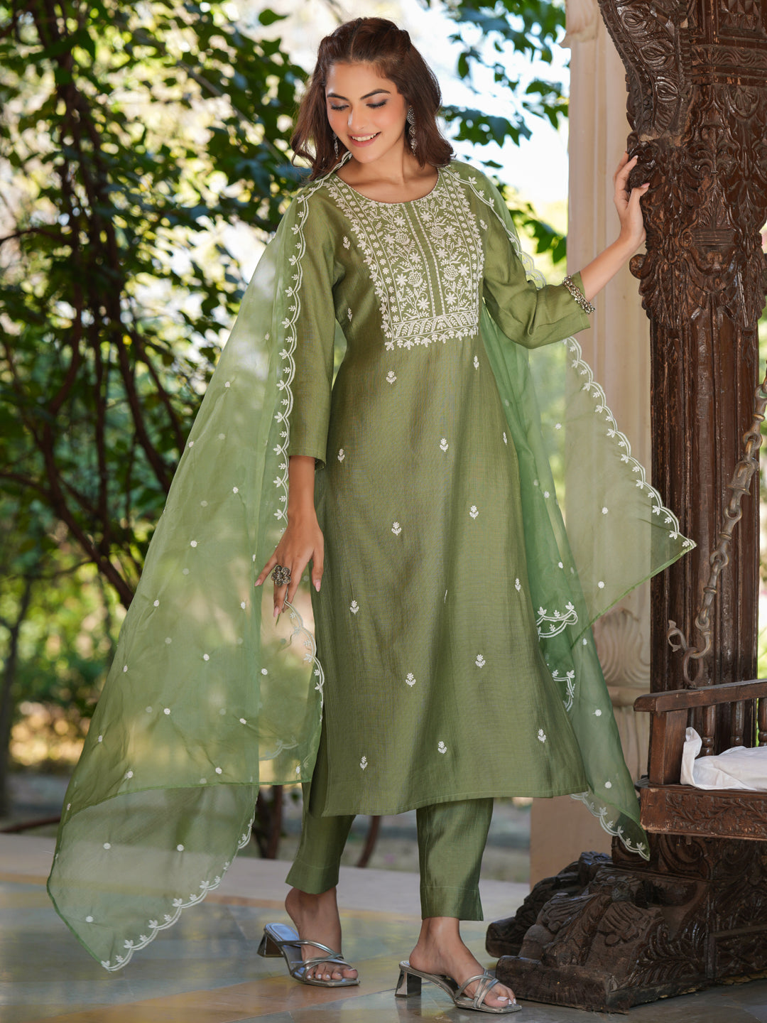 Sage Green Silk Blend Embroidered Straight Kurta Set