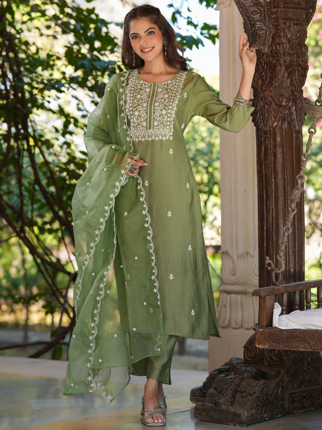 Sage Green Silk Blend Embroidered Straight Kurta Set