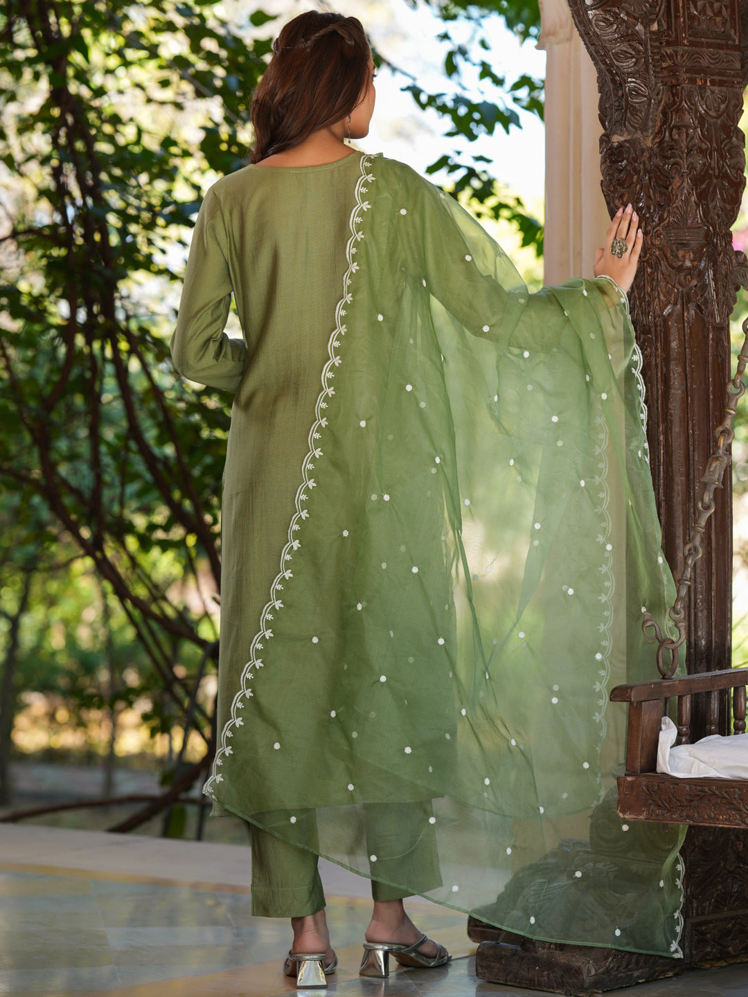 Sage Green Silk Blend Embroidered Straight Kurta Set