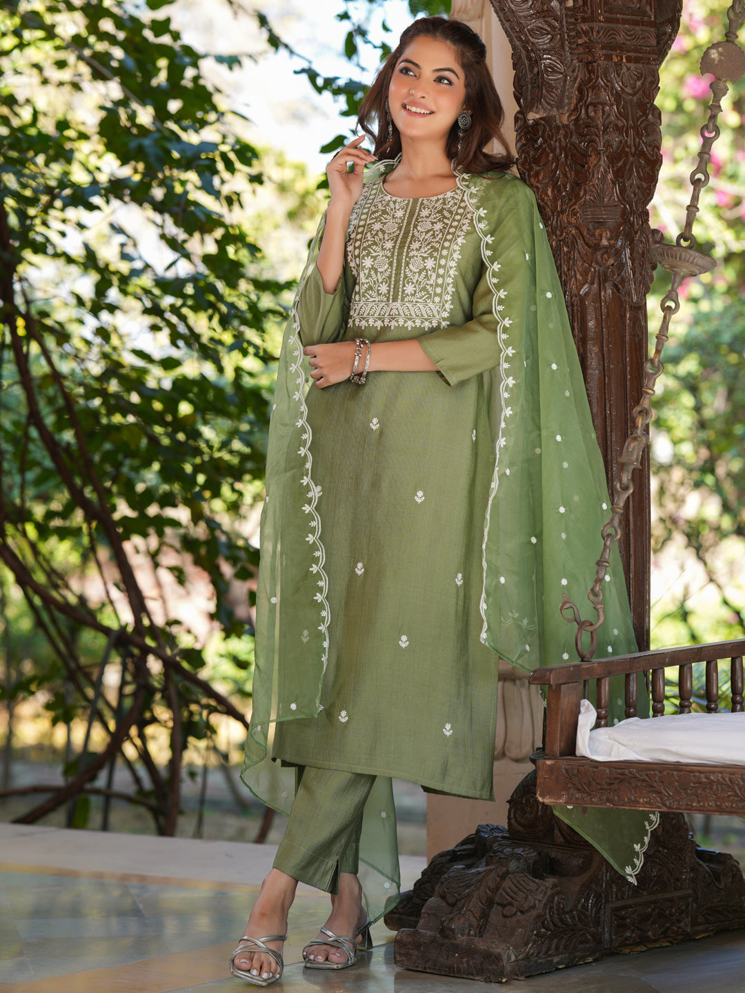 Sage Green Silk Blend Embroidered Straight Kurta Set