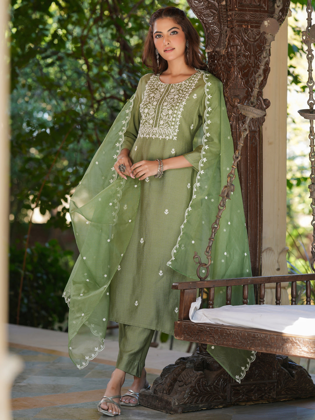 Sage Green Silk Blend Embroidered Straight Kurta Set