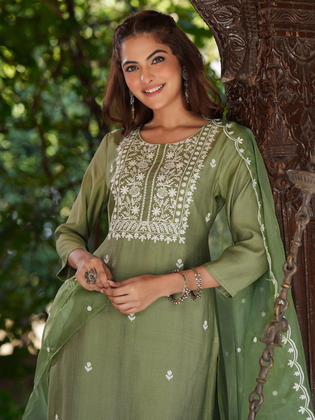 Sage Green Silk Blend Embroidered Straight Kurta Set