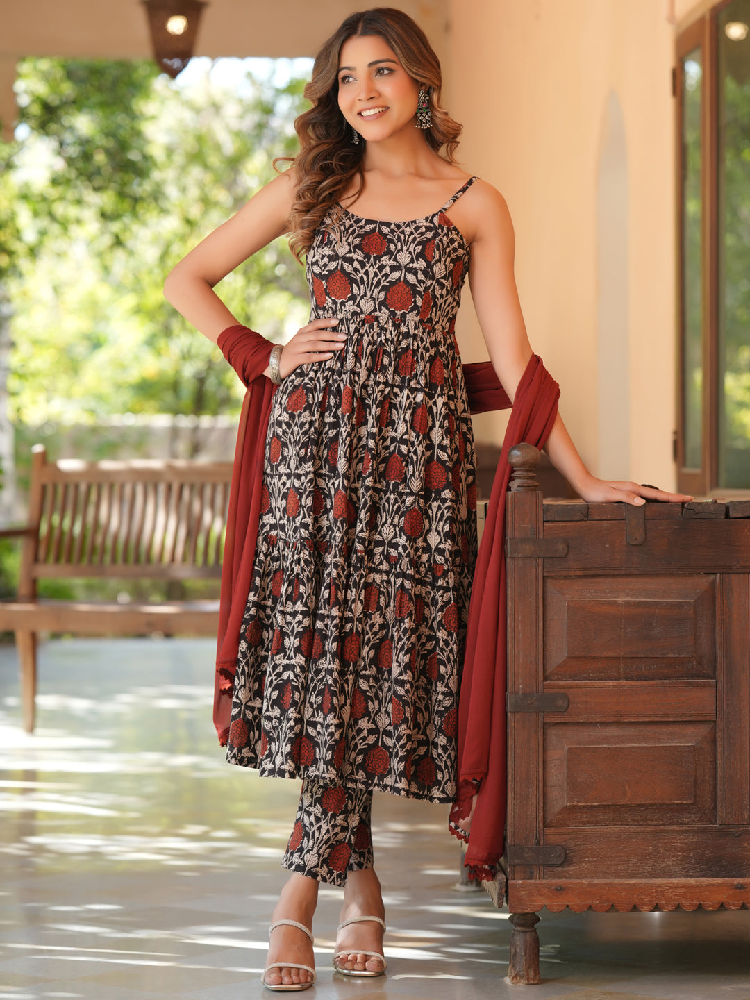 Black Pure Cotton Floral Printed Tiered Kurta Set
