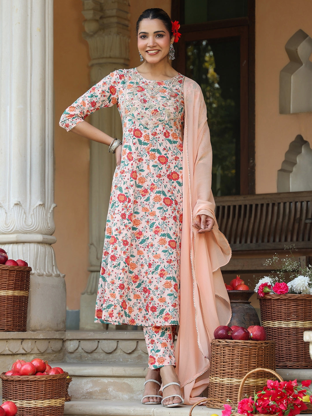 Janasya Women's Peach Pure Cotton Floral Printed Yoke Embroidered Anarkali Kurta Set