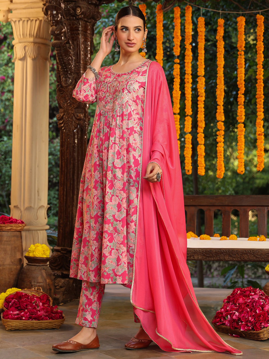 Janasya Women's Pink Pure Cotton Yoke Embroidered Floral Printed A-line Kurta Set