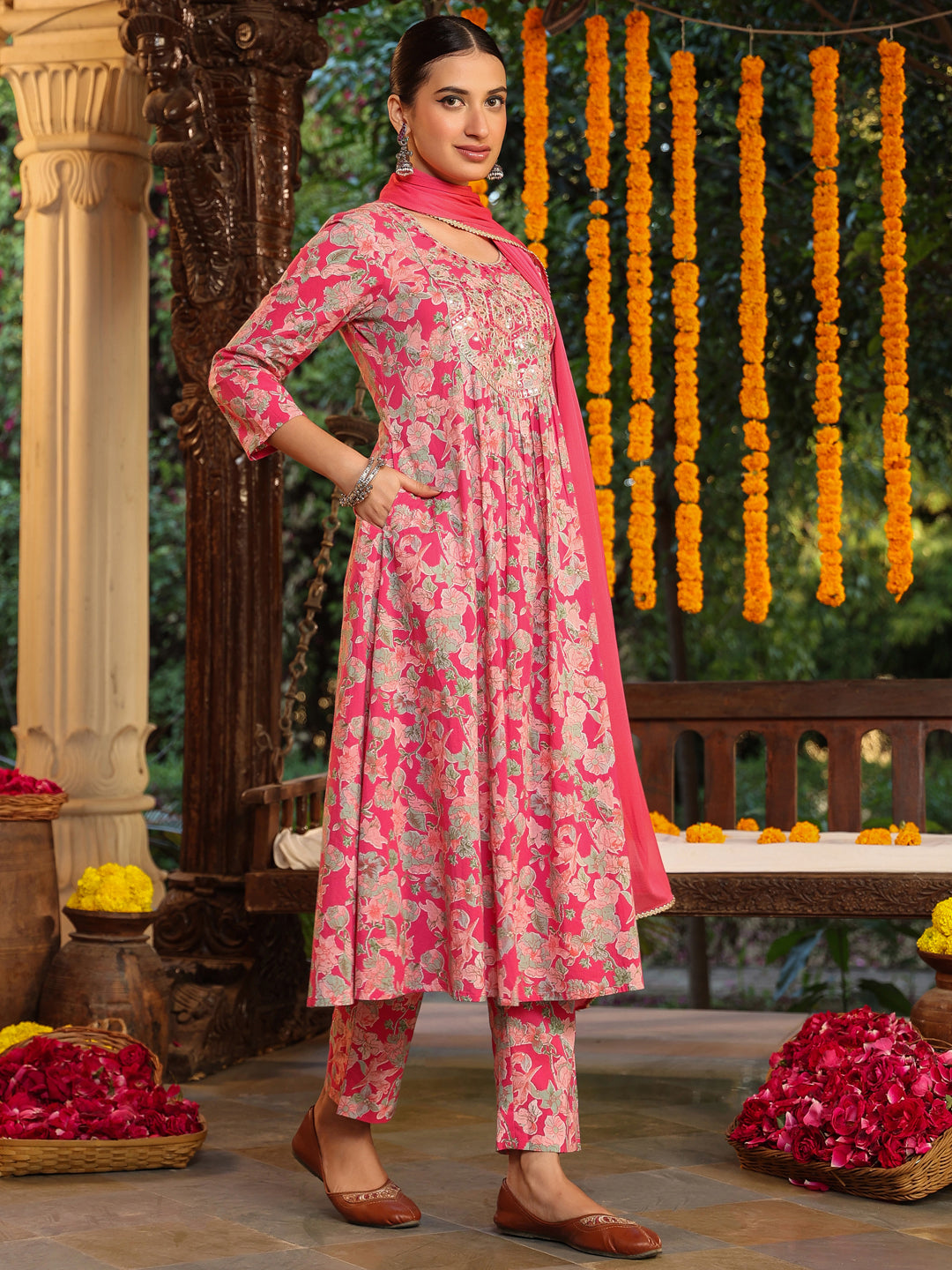 Janasya Women's Pink Pure Cotton Yoke Embroidered Floral Printed A-line Kurta Set