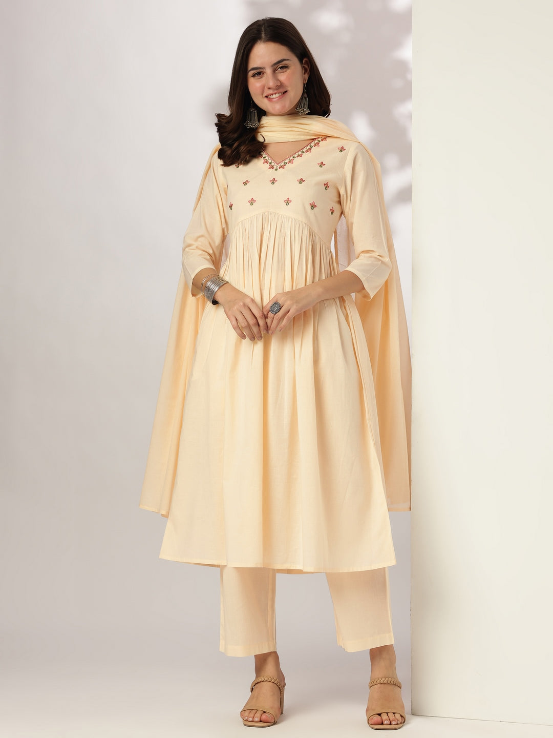 Janasya Women's Cream Pure Cotton Yoke Embroidered A-line Kurta Set