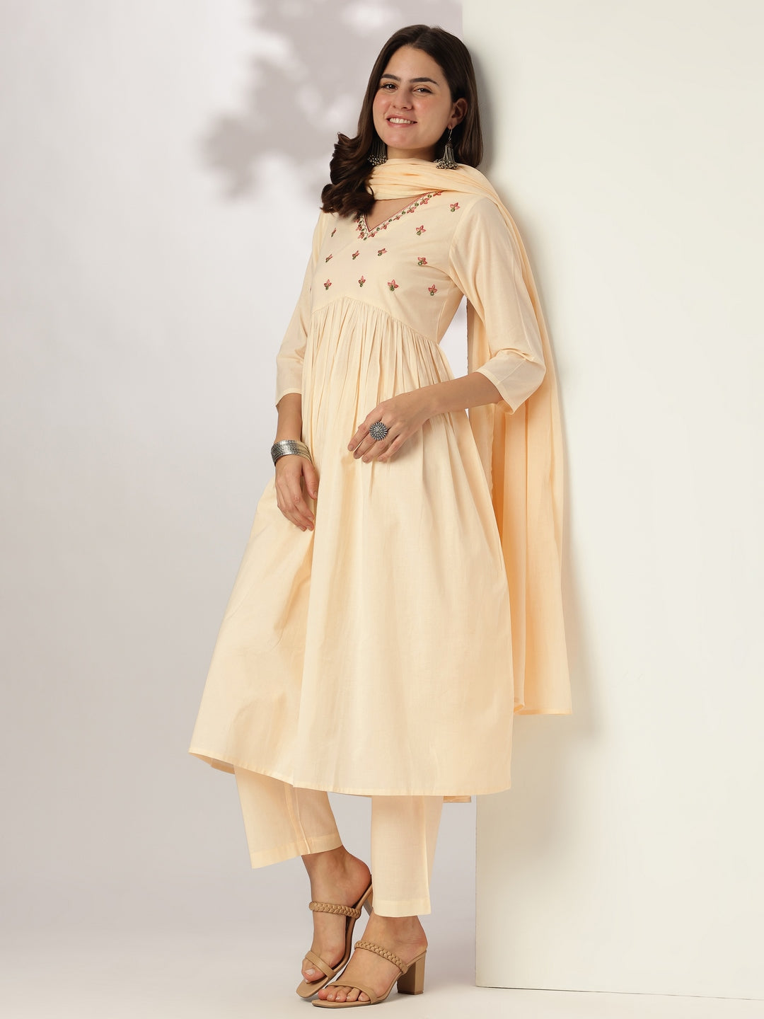 Janasya Women's Cream Pure Cotton Yoke Embroidered A-line Kurta Set