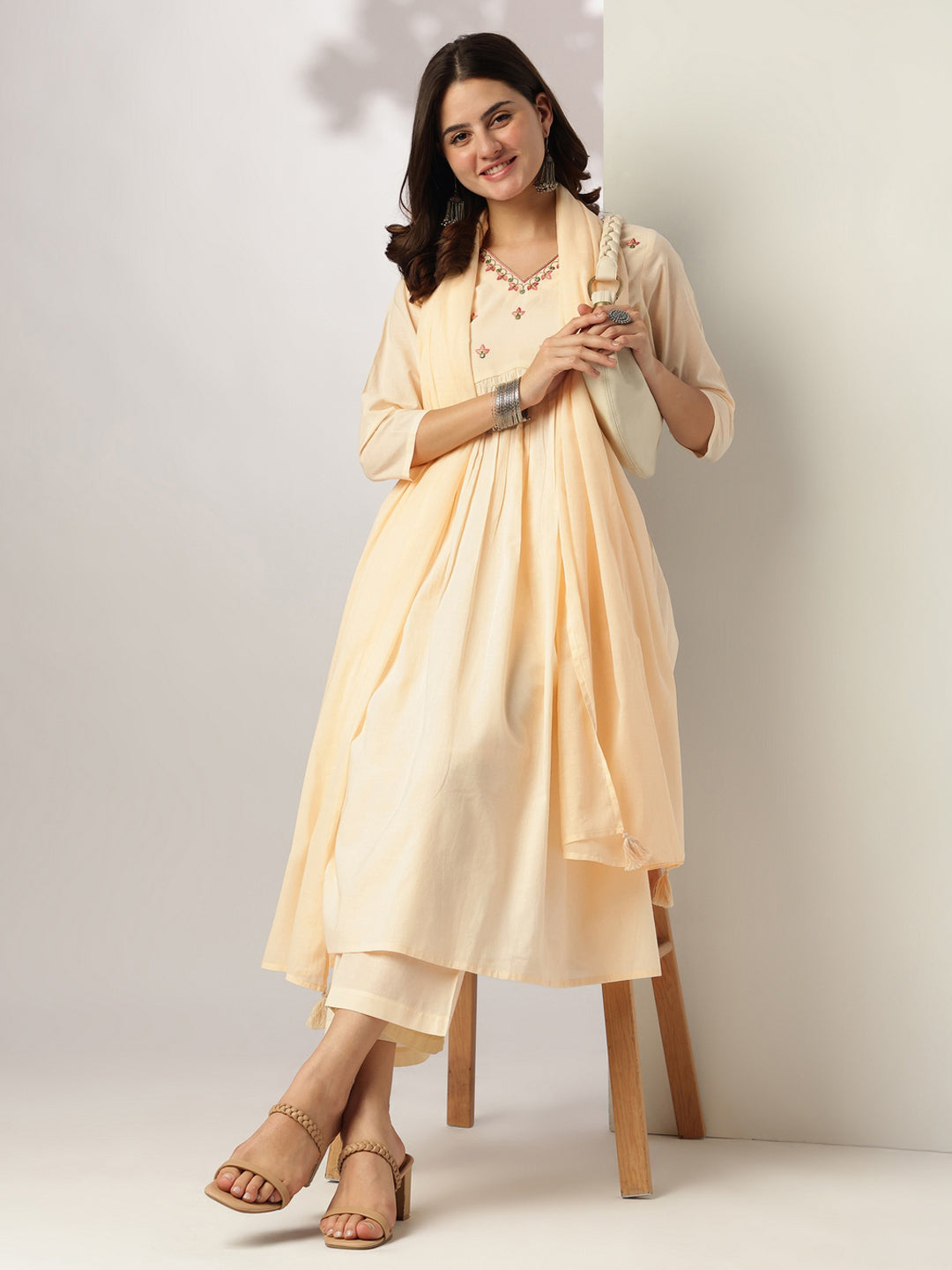 Janasya Women's Cream Pure Cotton Yoke Embroidered A-line Kurta Set