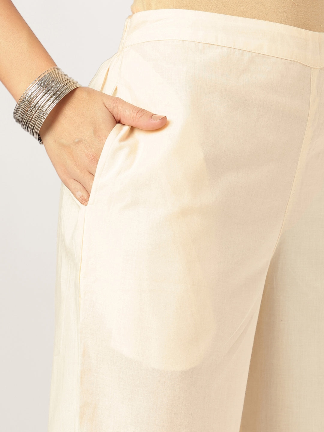 Janasya Women's Cream Pure Cotton Yoke Embroidered A-line Kurta Set