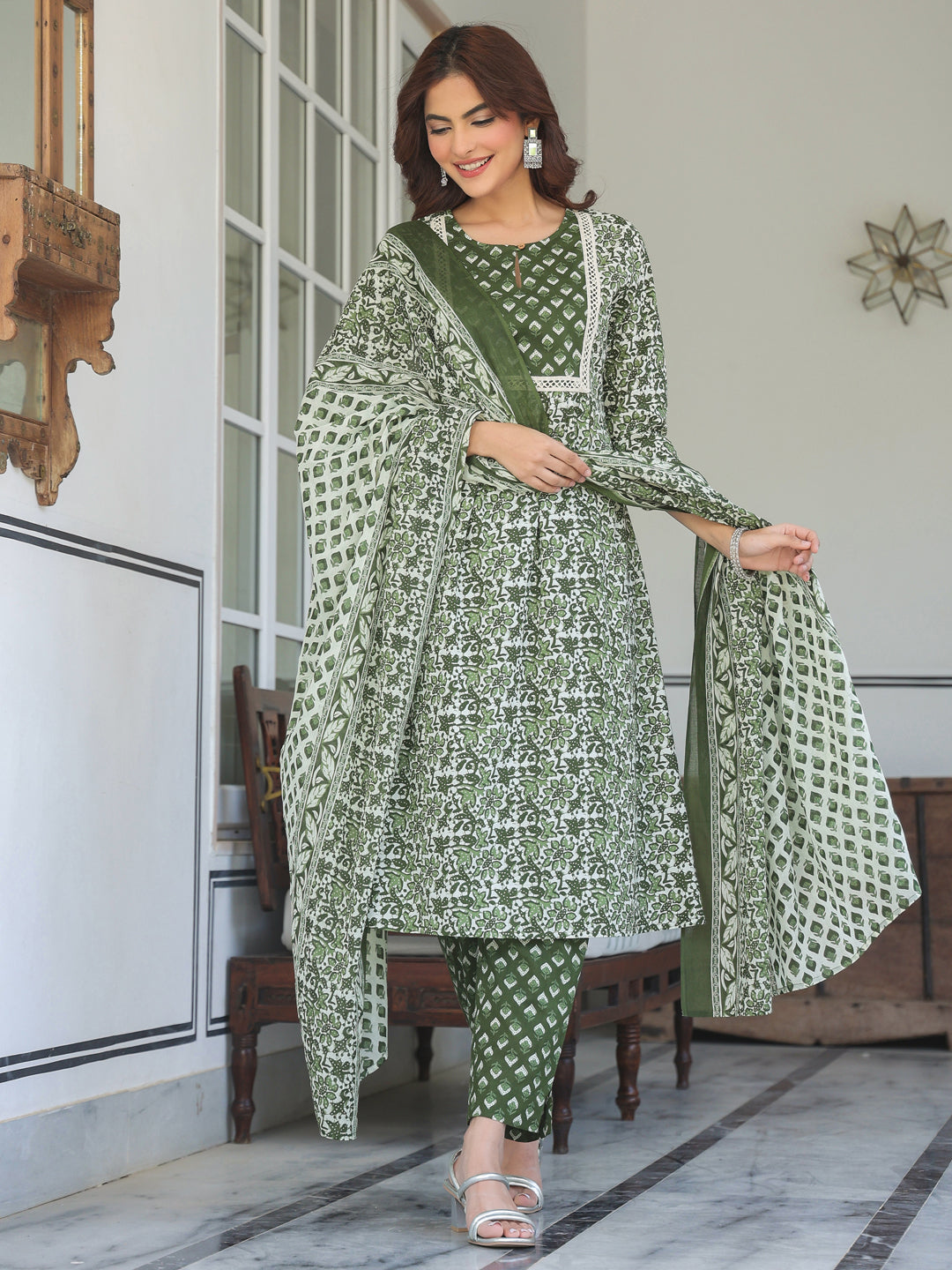 Olive Green Pure Cotton Floral Printed A-line Kurta with Pant & Dupatta Set