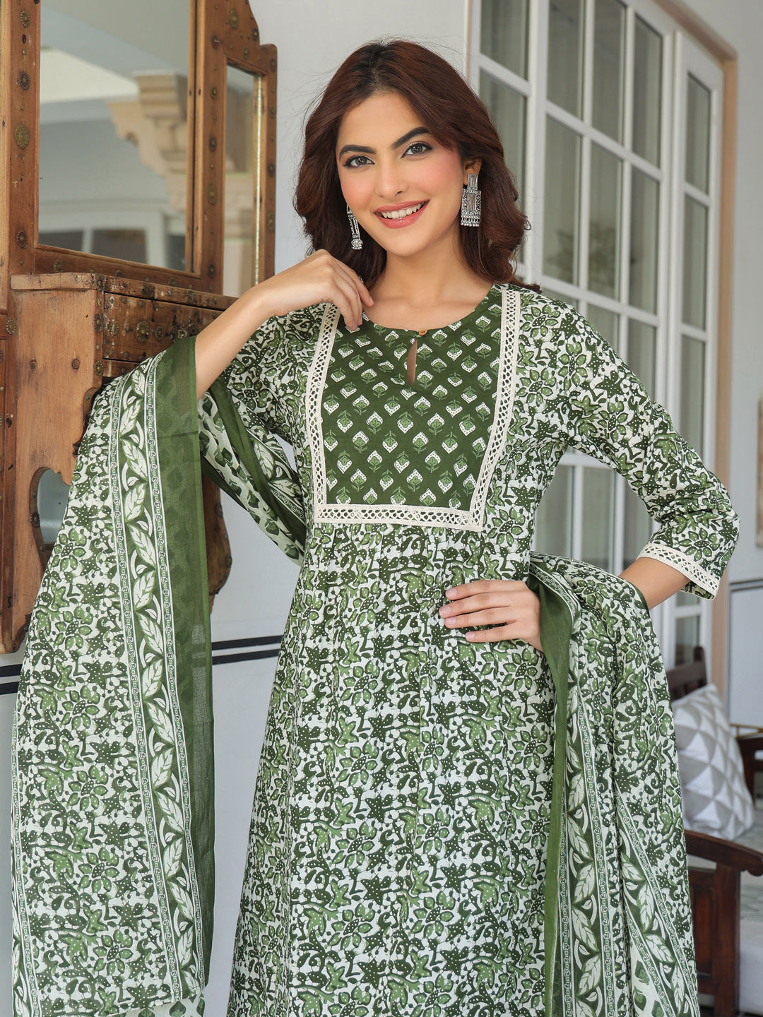 Olive Green Pure Cotton Floral Printed A-line Kurta with Pant & Dupatta Set