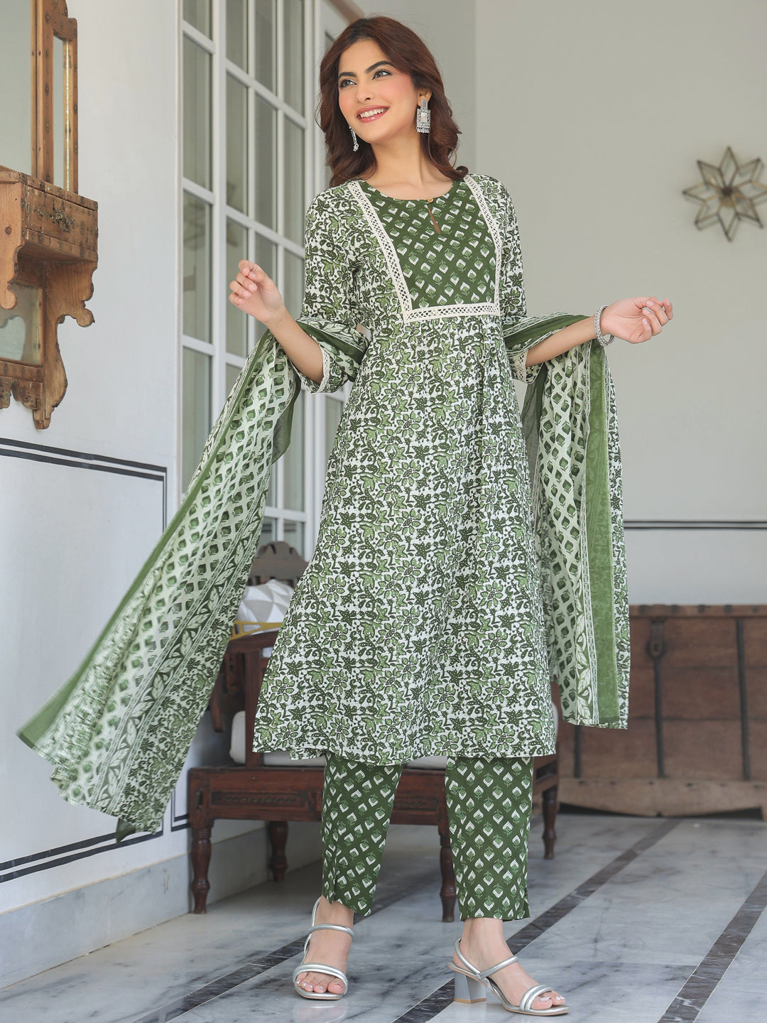 Olive Green Pure Cotton Floral Printed A-line Kurta with Pant & Dupatta Set