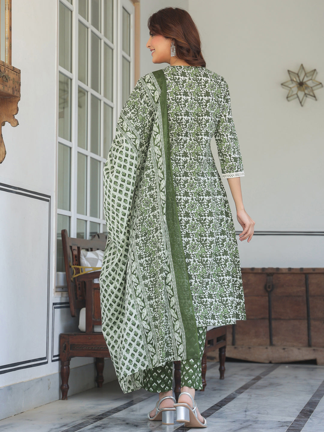 Olive Green Pure Cotton Floral Printed A-line Kurta with Pant & Dupatta Set