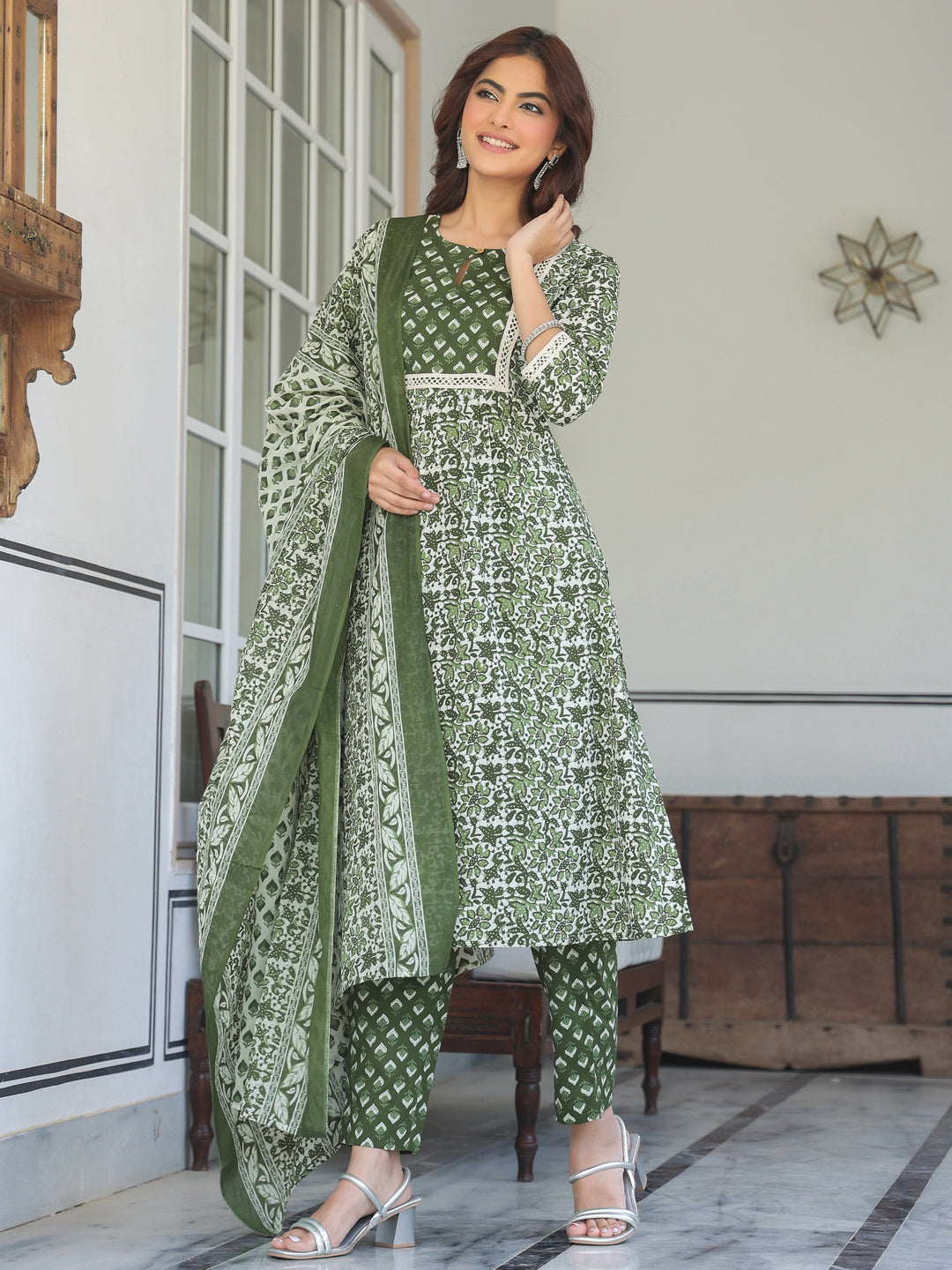 Olive Green Pure Cotton Floral Printed A-line Kurta with Pant & Dupatta Set