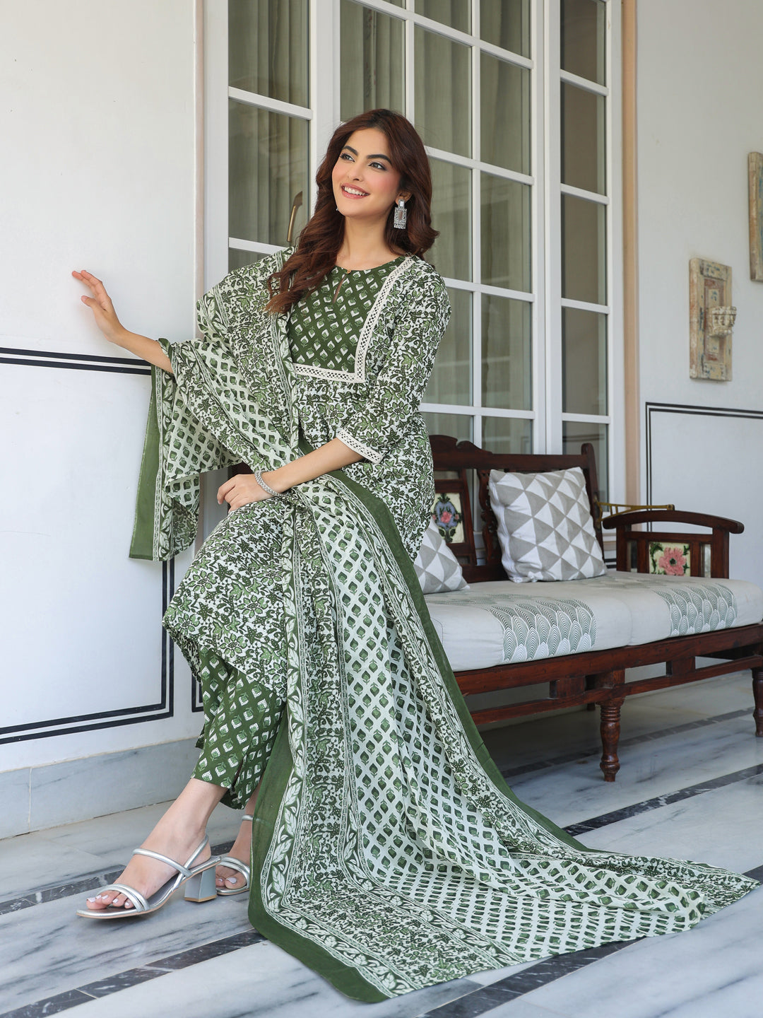 Olive Green Pure Cotton Floral Printed A-line Kurta with Pant & Dupatta Set