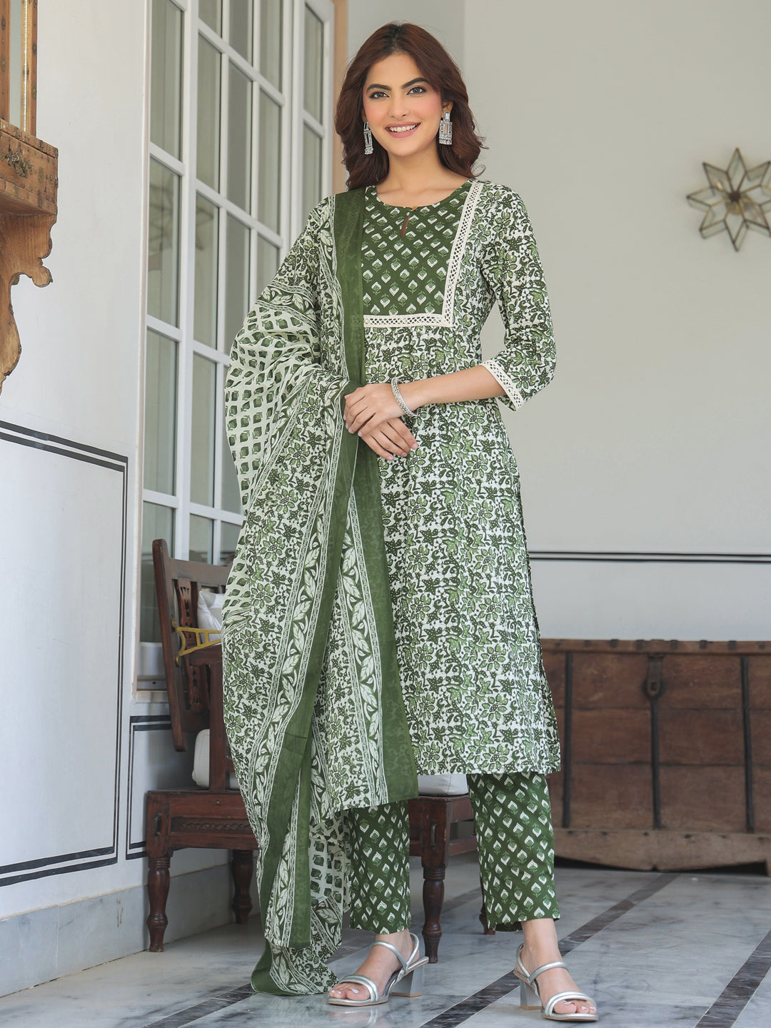 Olive Green Pure Cotton Floral Printed A-line Kurta with Pant & Dupatta Set