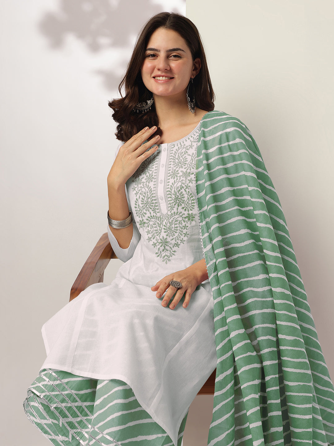 White & Sage Green Pure Cotton Yoke Embroidered Straight Kurta Set