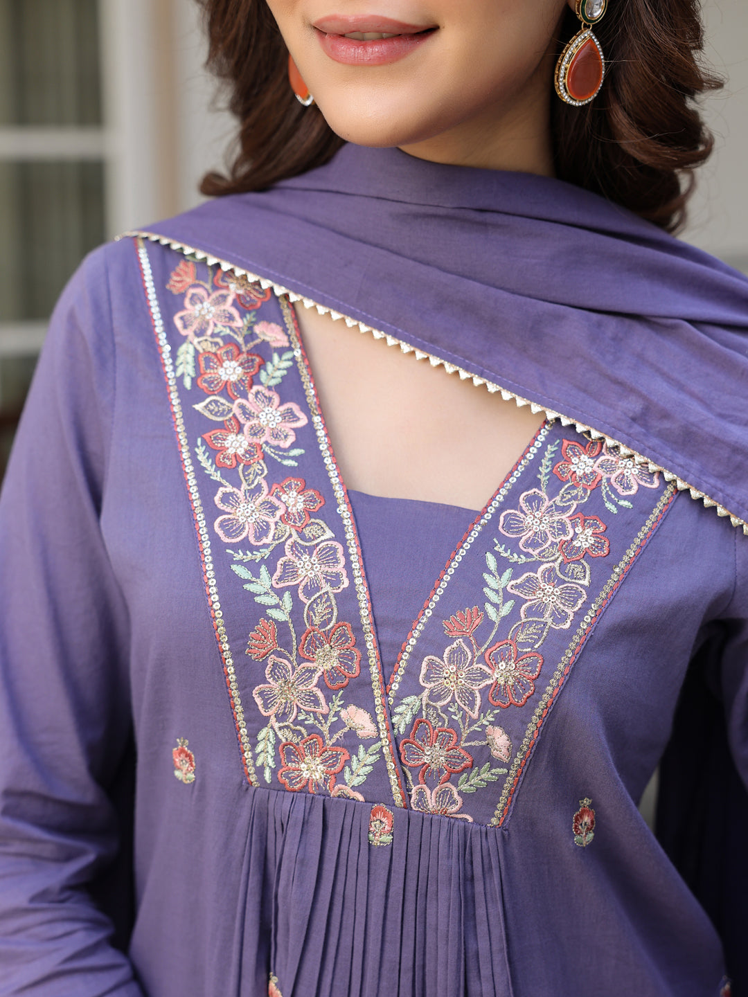 Janasya Women's Purple Pure Cotton Embroidered A-line Kurta Set