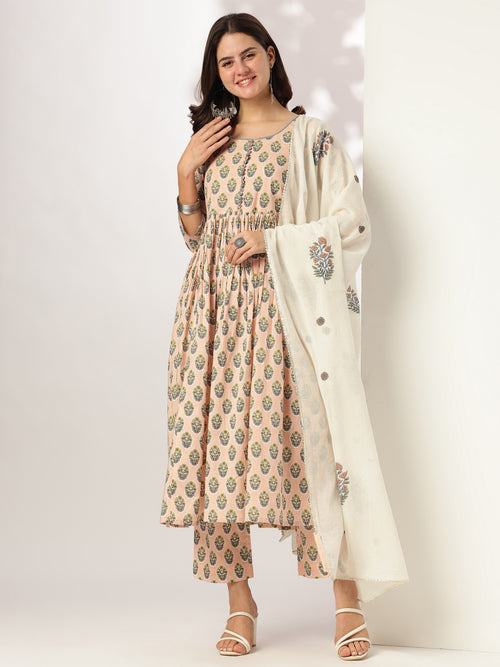 Women's Abstract Peach A-Line Kurta Set