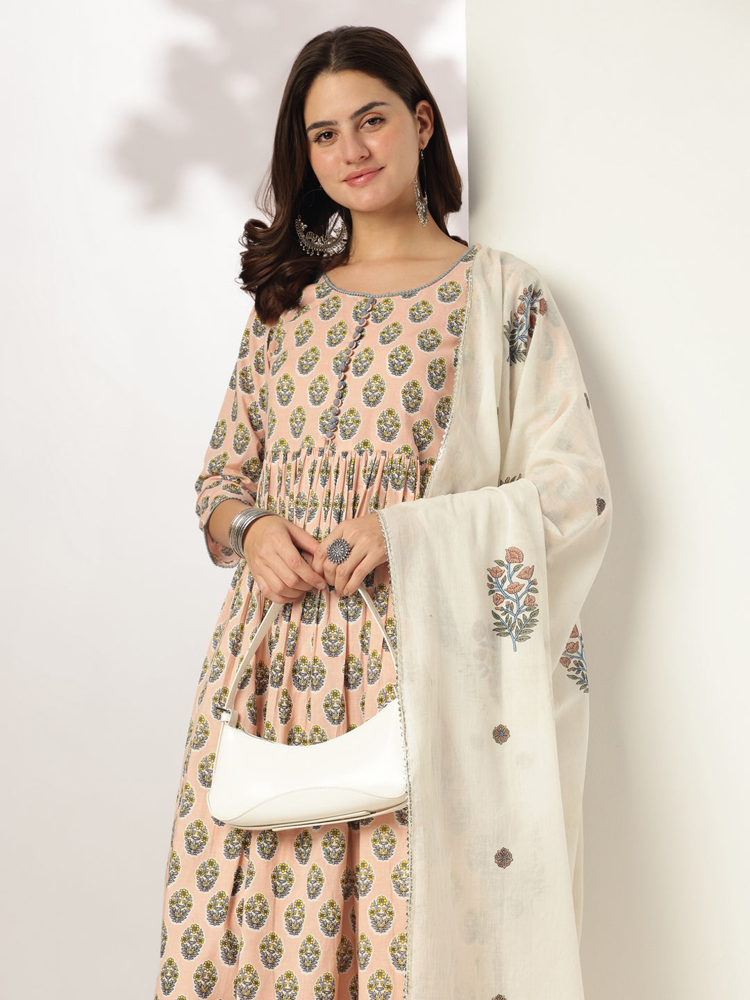 Janasya Women's Peach Pure Cotton Floral Printed A-line Kurta Set