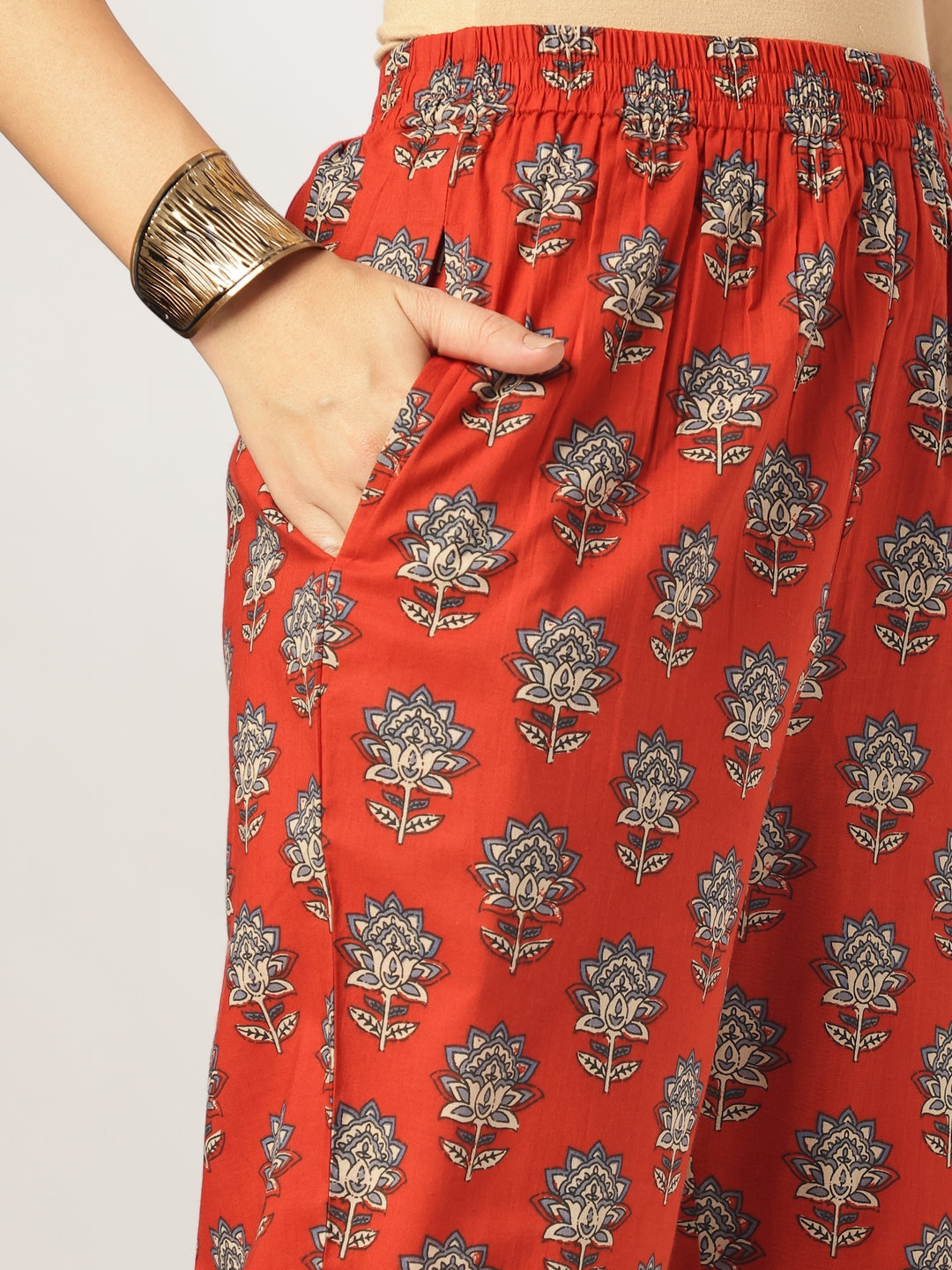 Red Pure Cotton Floral Printed Yoke Embroidered Straight Kurta Set