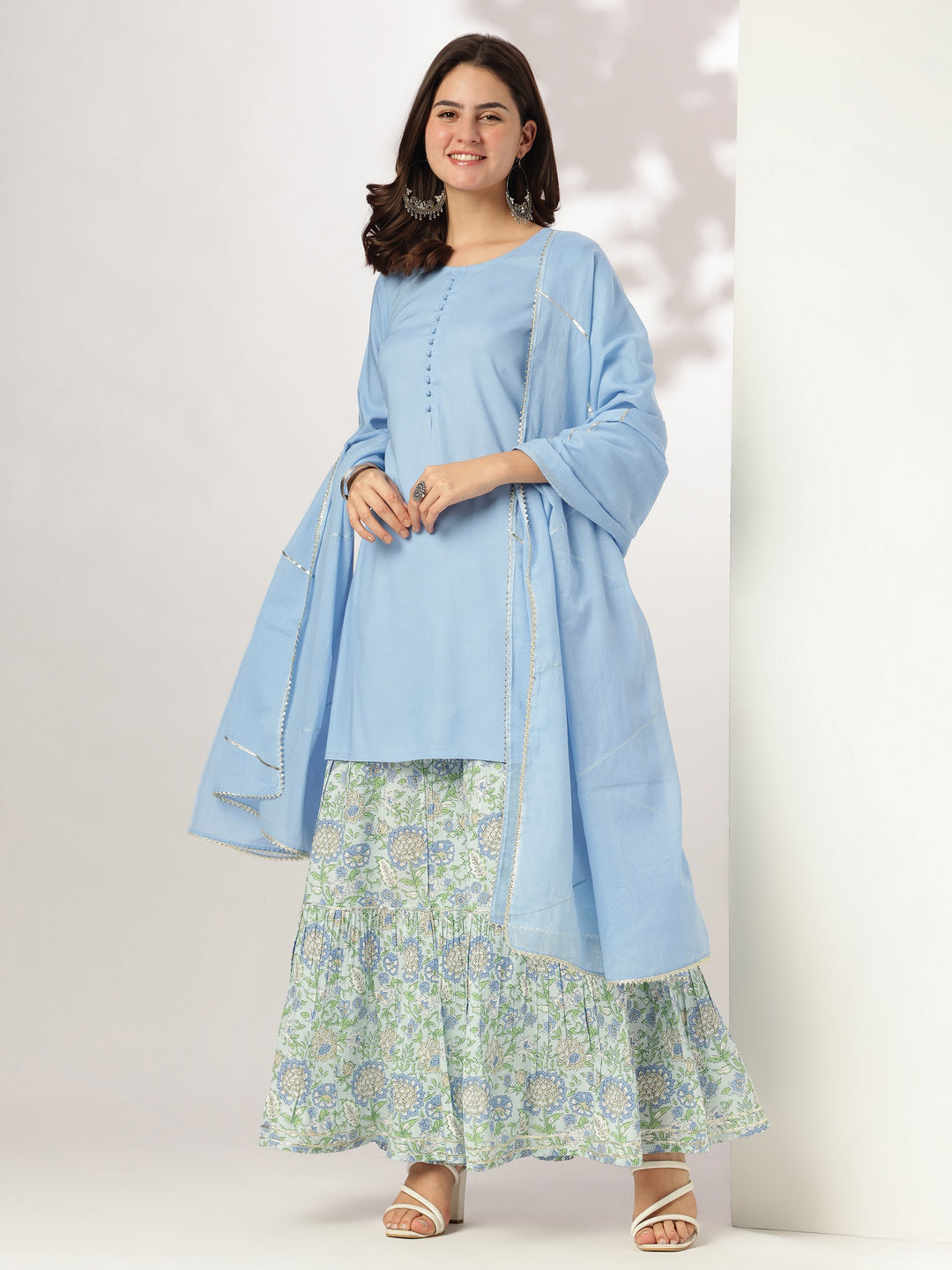 Light Blue Pure Cotton Solid Straight Kurta with Printed Sharara Set