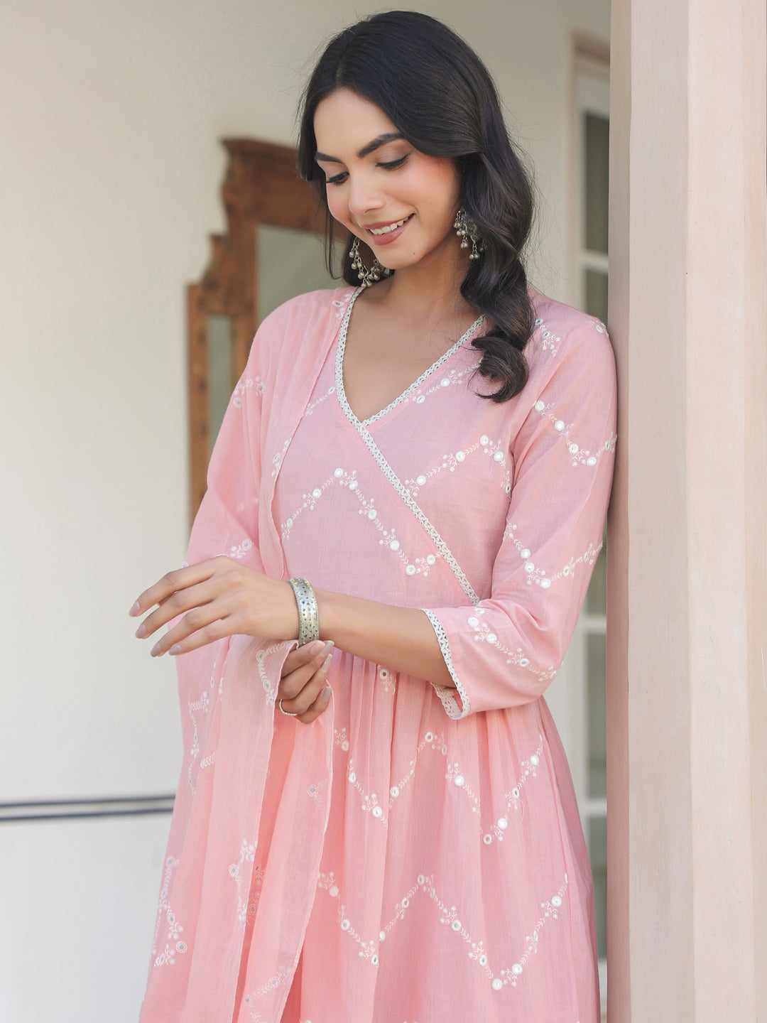Janasya Women's Peach Pure Cotton Embroidered A-line Kurta Set