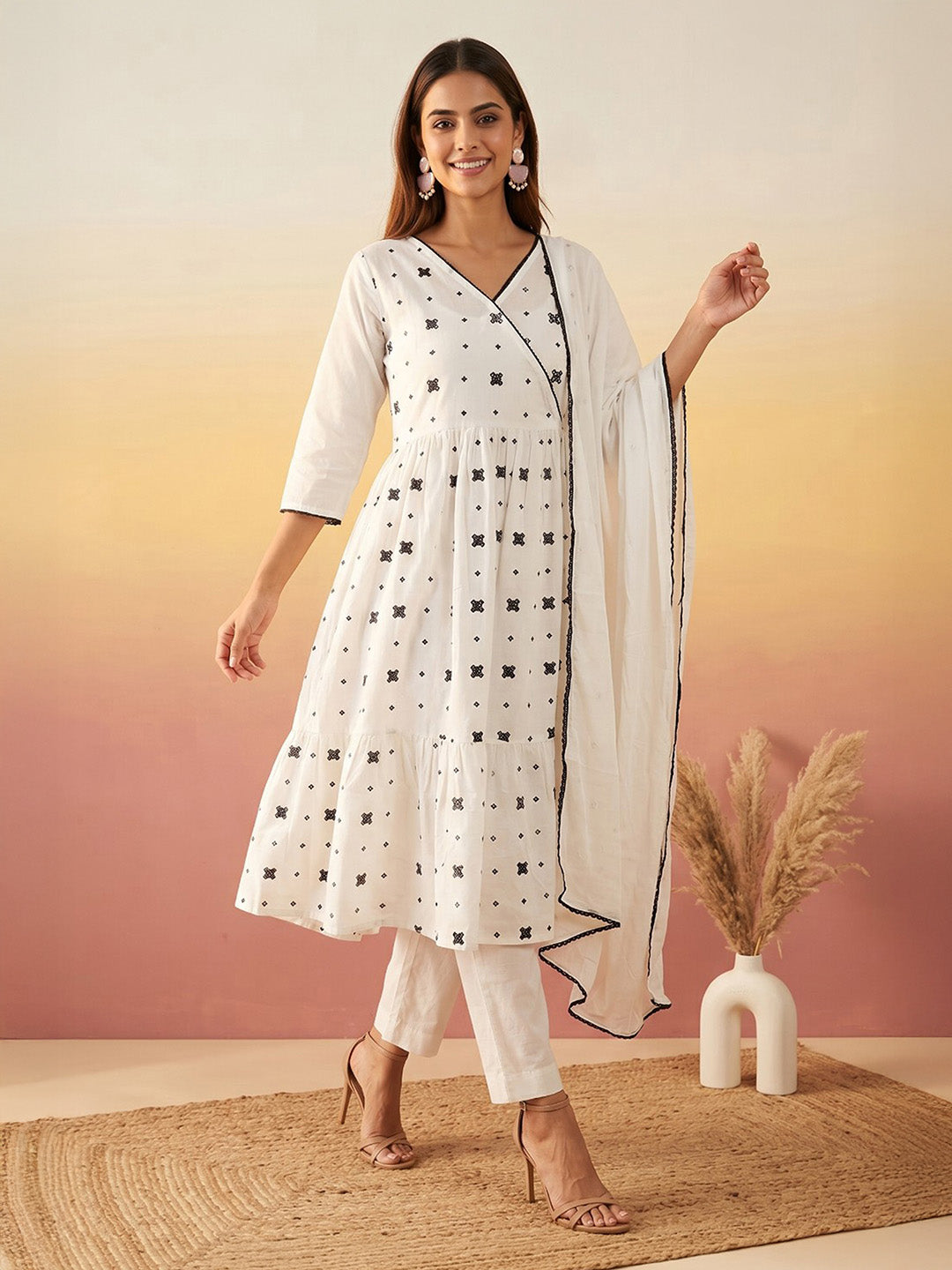 Janasya Women's White Pure Cotton Embroidered Angrakha Kurta Set