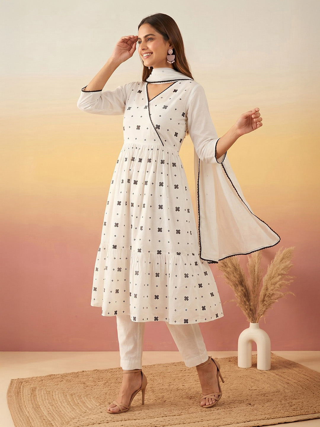 Janasya Women's White Pure Cotton Embroidered Angrakha Kurta Set