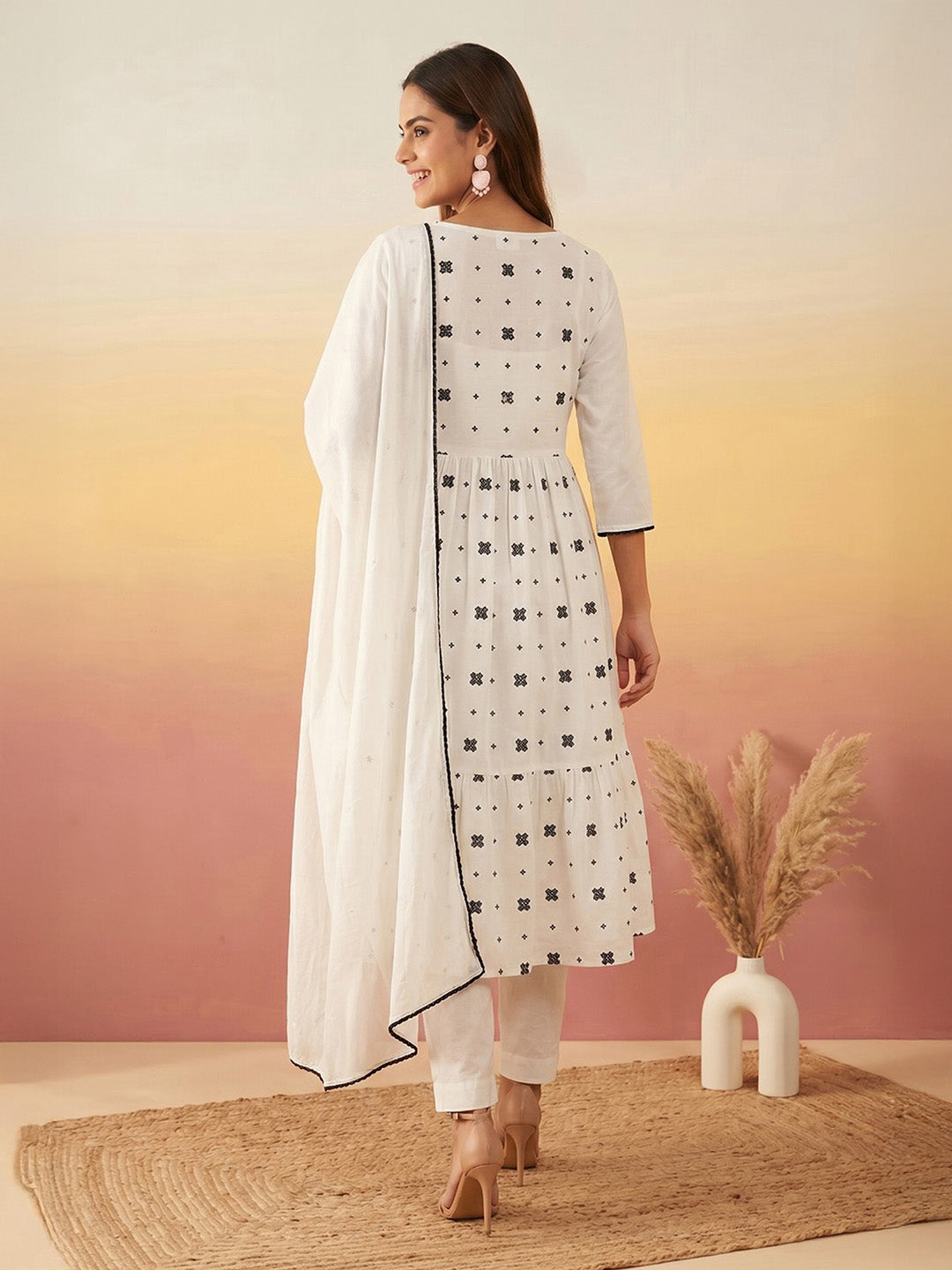 Janasya Women's White Pure Cotton Embroidered Angrakha Kurta Set