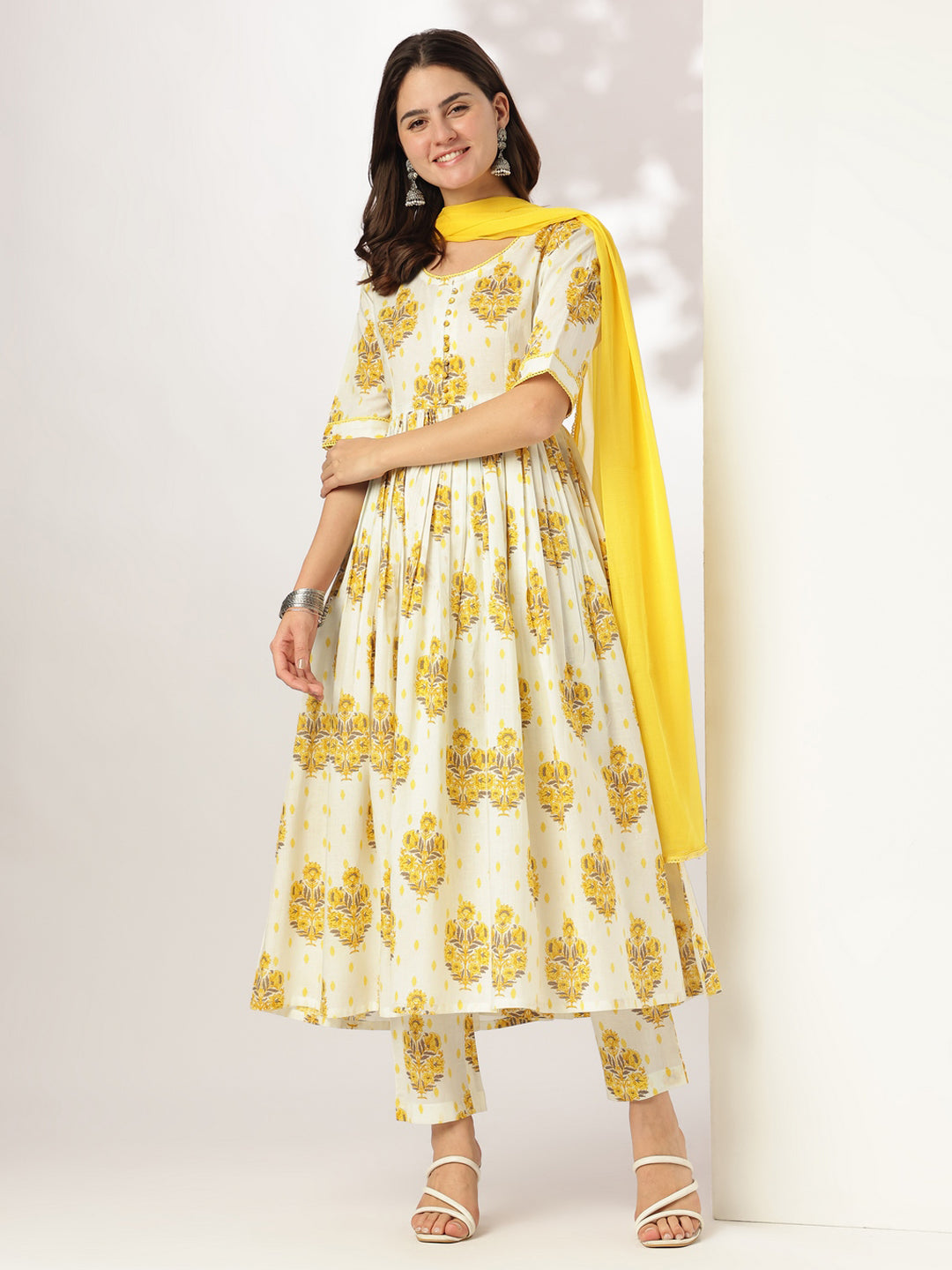 Janasya Women's Off White Pure Cotton Floral Printed A-line Kurta Set