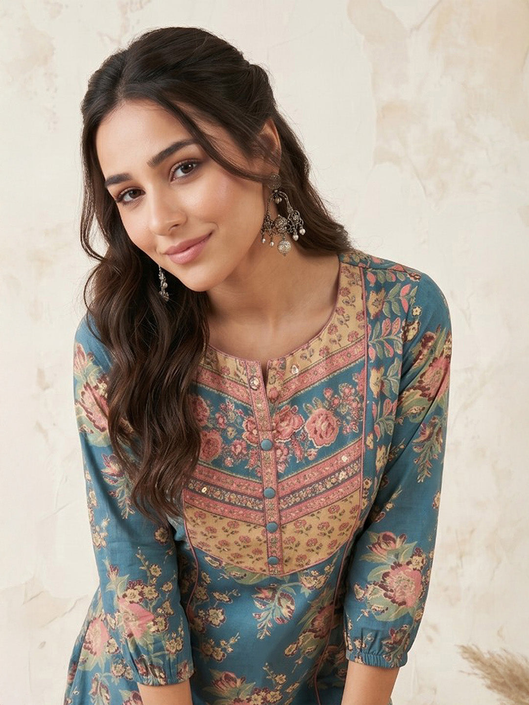 Janasya Women's Teal Pure Cotton Embellished Yoke Design Floral Printed A-Line Kurta Set