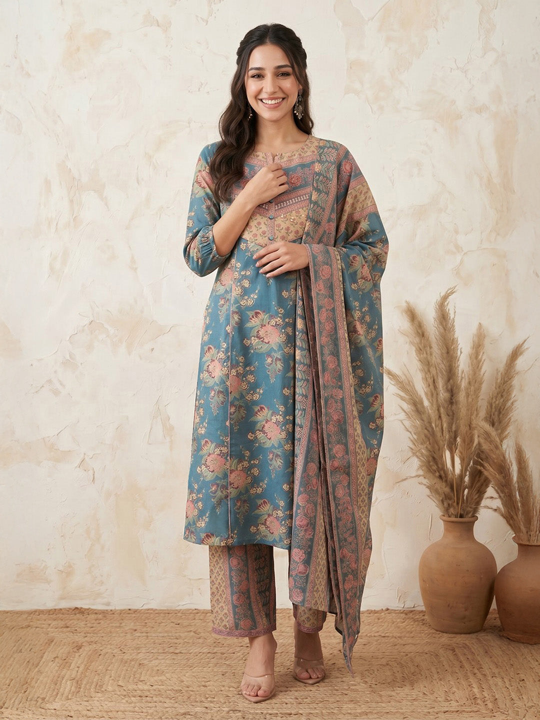 Janasya Women's Teal Pure Cotton Embellished Yoke Design Floral Printed A-Line Kurta Set