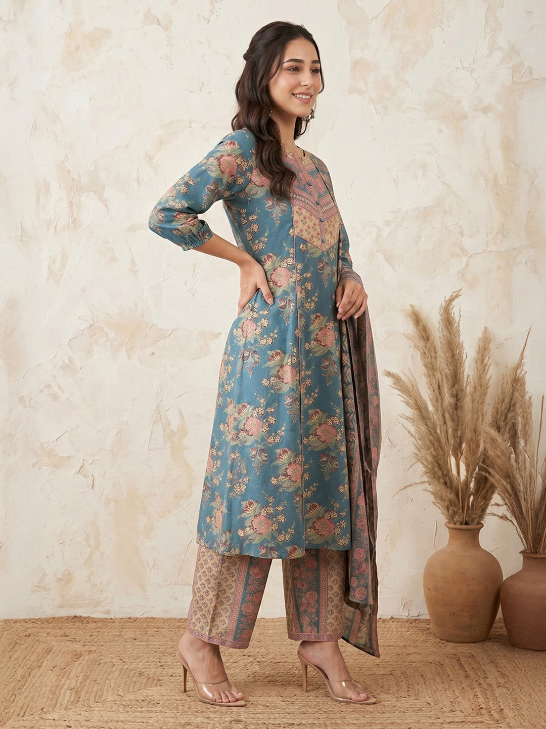 Janasya Women's Teal Pure Cotton Embellished Yoke Design Floral Printed A-Line Kurta Set
