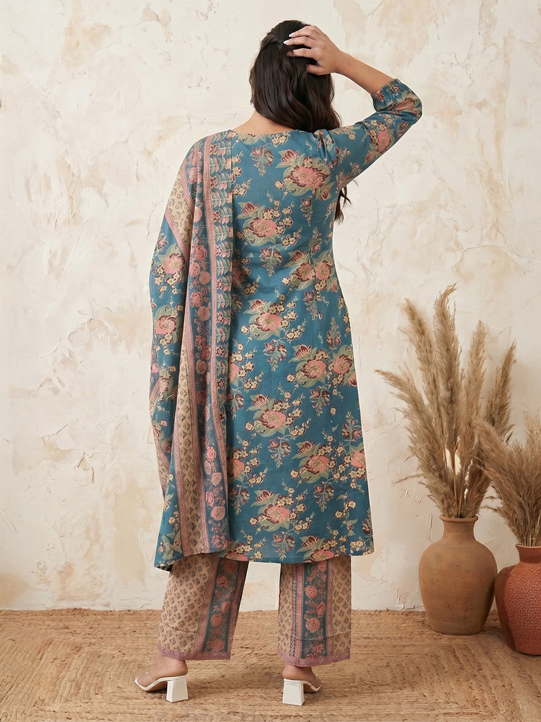 Janasya Women's Teal Pure Cotton Embellished Yoke Design Floral Printed A-Line Kurta Set