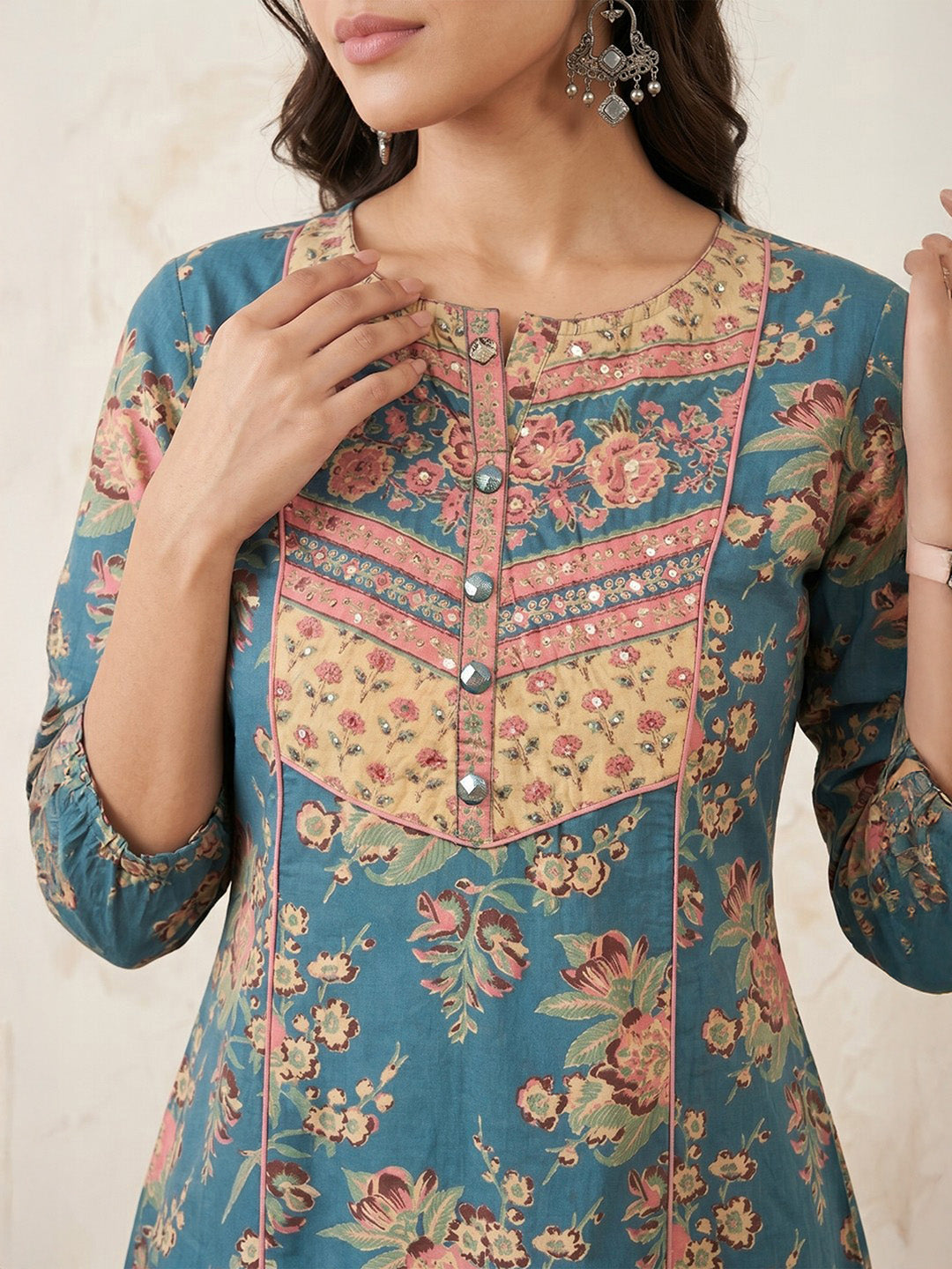 Janasya Women's Teal Pure Cotton Embellished Yoke Design Floral Printed A-Line Kurta Set