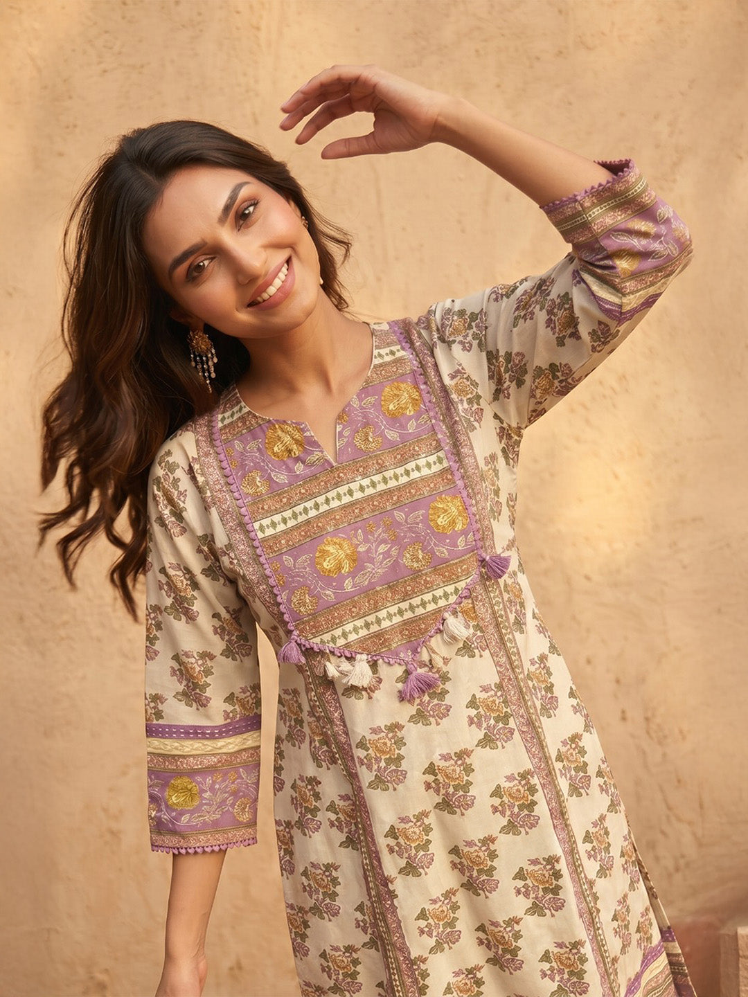 Janasya Women's Cream Pure Cotton Embellished Yoke Design Floral Printed A-Line Kurta Set