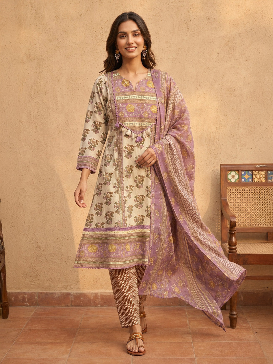 Janasya Women's Cream Pure Cotton Embellished Yoke Design Floral Printed A-Line Kurta Set