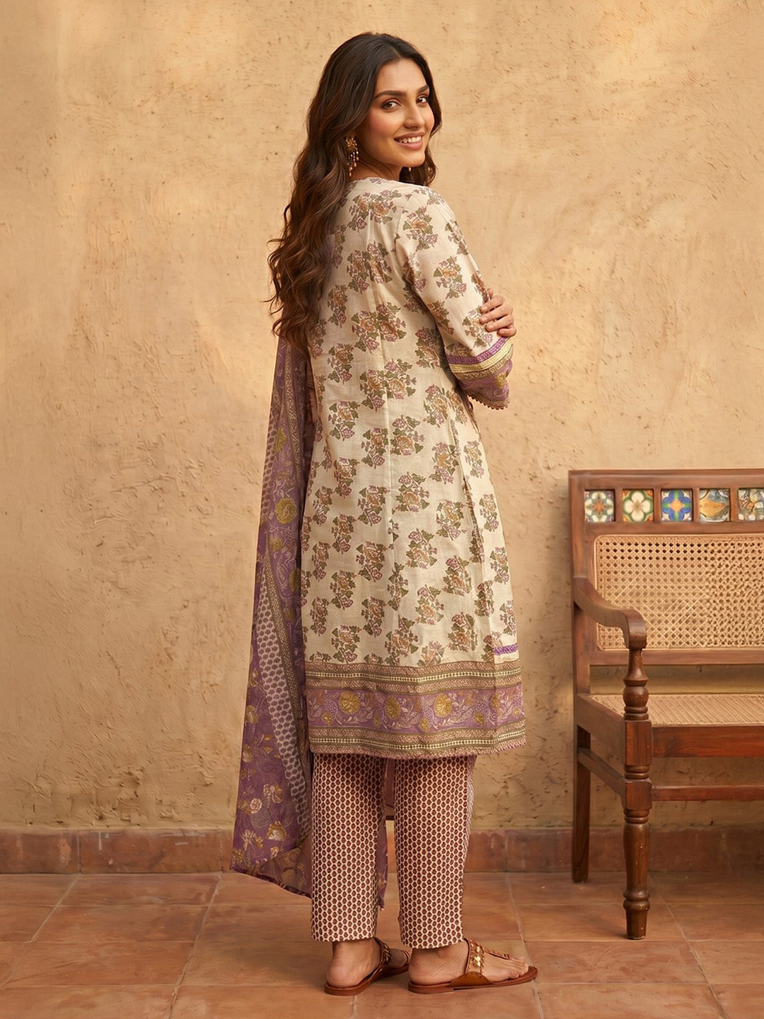Janasya Women's Cream Pure Cotton Embellished Yoke Design Floral Printed A-Line Kurta Set
